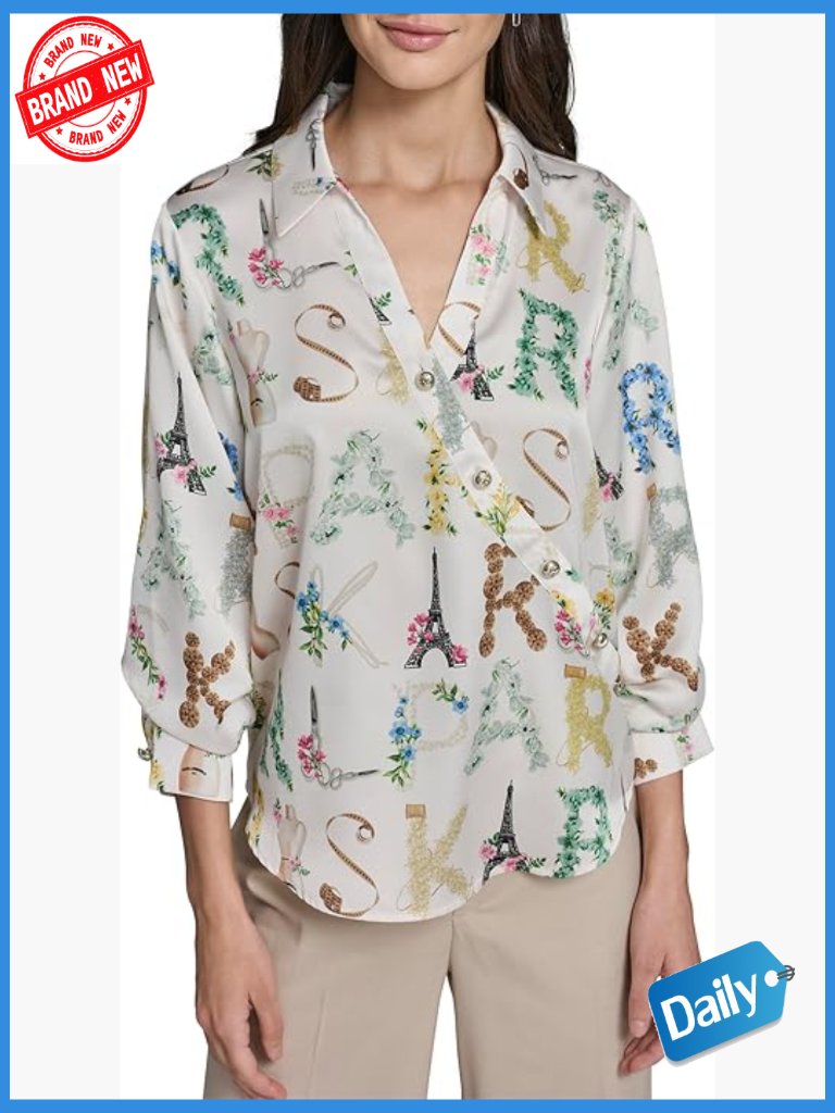 Women's 3/4 Sleeve Button Down Surplice Blouse - Letter Print